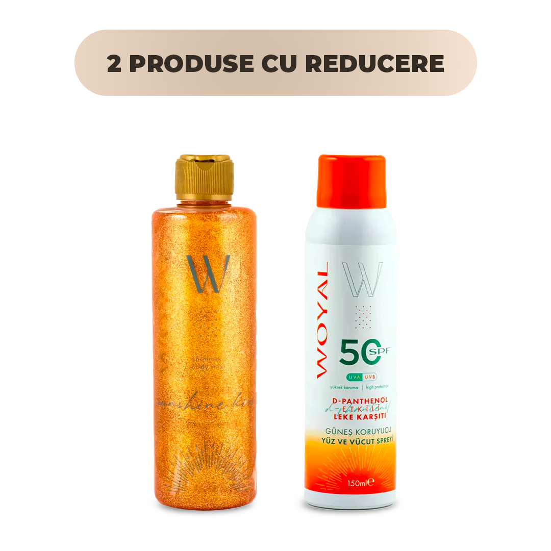 Pachet protectie solara Woyal, Spray protectie SPF 50 + Ulei bronzant cu sclipici